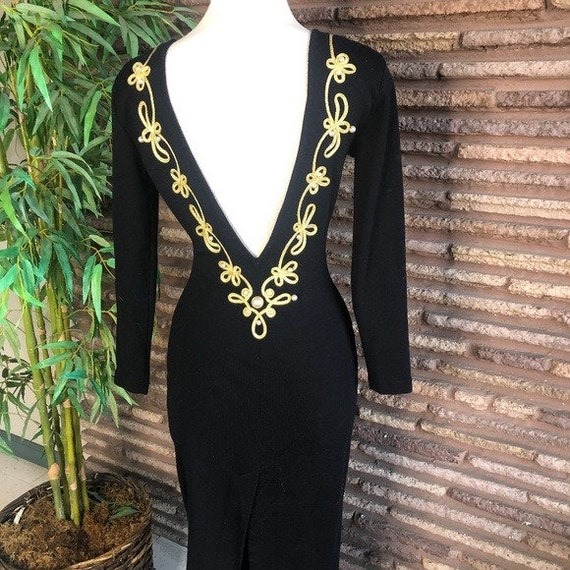 Vintage 80s Bejeweled Deep V Back Bodycon Dress