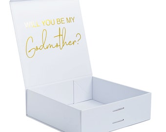 PERSONALISED GIFT BOX | Godmother | Godfather | Godparents | Personalised | Will you be my godmother? | White Ribbon | Gold or White Writing