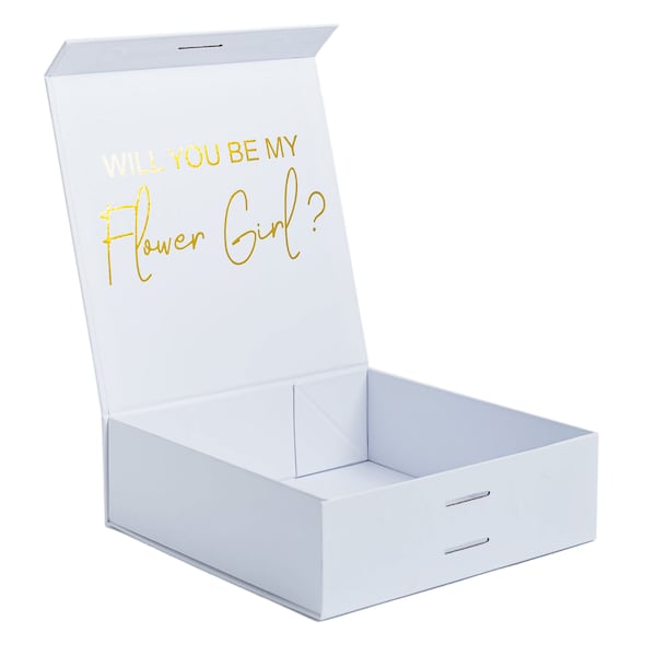 CAJA DE REGALO PERSONALIZADA / Dorada / Caja para niña de las flores / Caja de regalo personalizada / Propuesta para niña de las flores / Regalos para fiesta nupcial / Cinta blanca