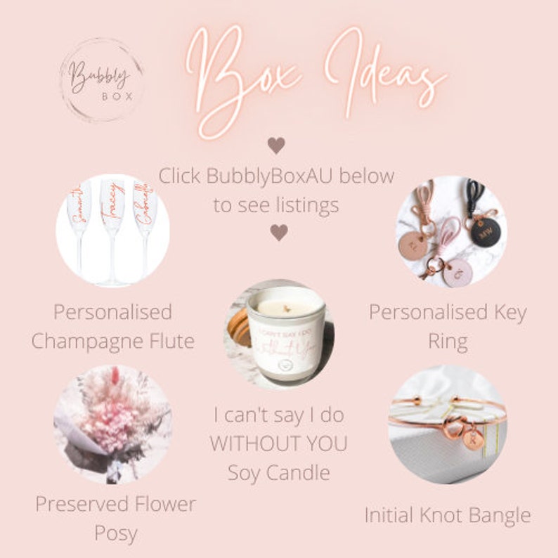May include: A collection of personalized wedding gift ideas, including champagne flutes, a soy candle with the text "I can't say I do WITHOUT YOU", a preserved flower posy, a key ring, and a knot bangle.