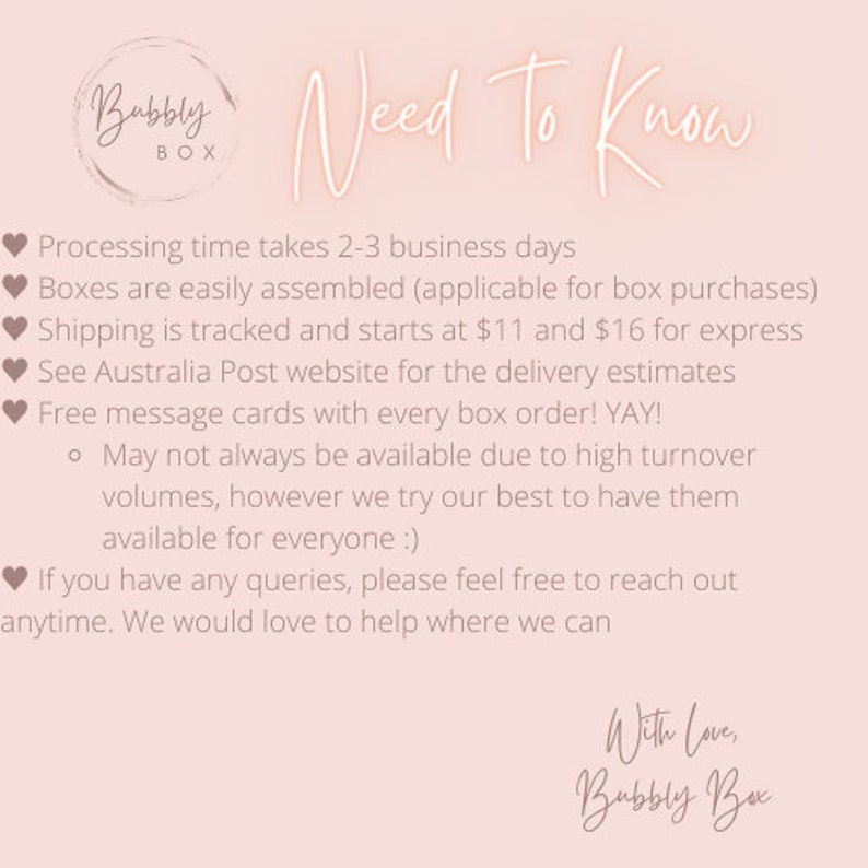 May include: Pink background with white text that reads "Need To Know".  The text is followed by a list of information about processing time, assembly, shipping, and free message cards. The text ends with "With Love, Bubbly Box".