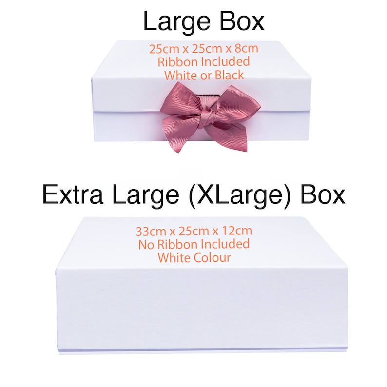 May include: Two white gift boxes with lids. The smaller box is 25cm x 25cm x 8cm and includes a ribbon in white or black. The larger box is 33cm x 25cm x 12cm and does not include a ribbon. Both boxes are white.
