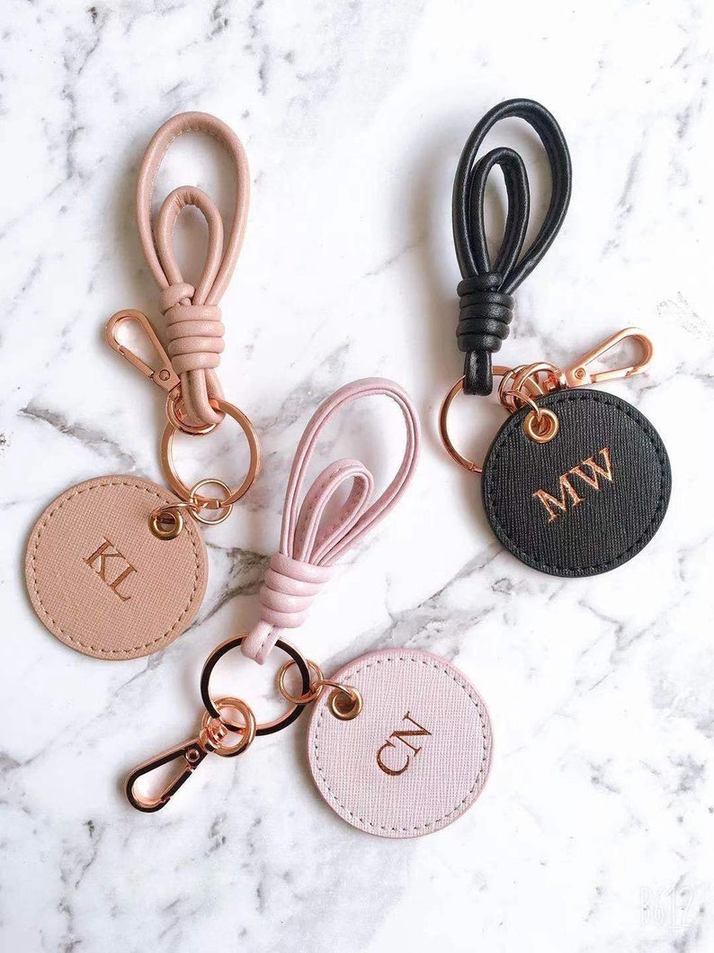 PERSONALISED MONOGRAMMED KEYRING Saffiano Leather | Keyrings| Key Chain | Pink | Black | Nude | Gift | Wedding favour| Car Keyring 