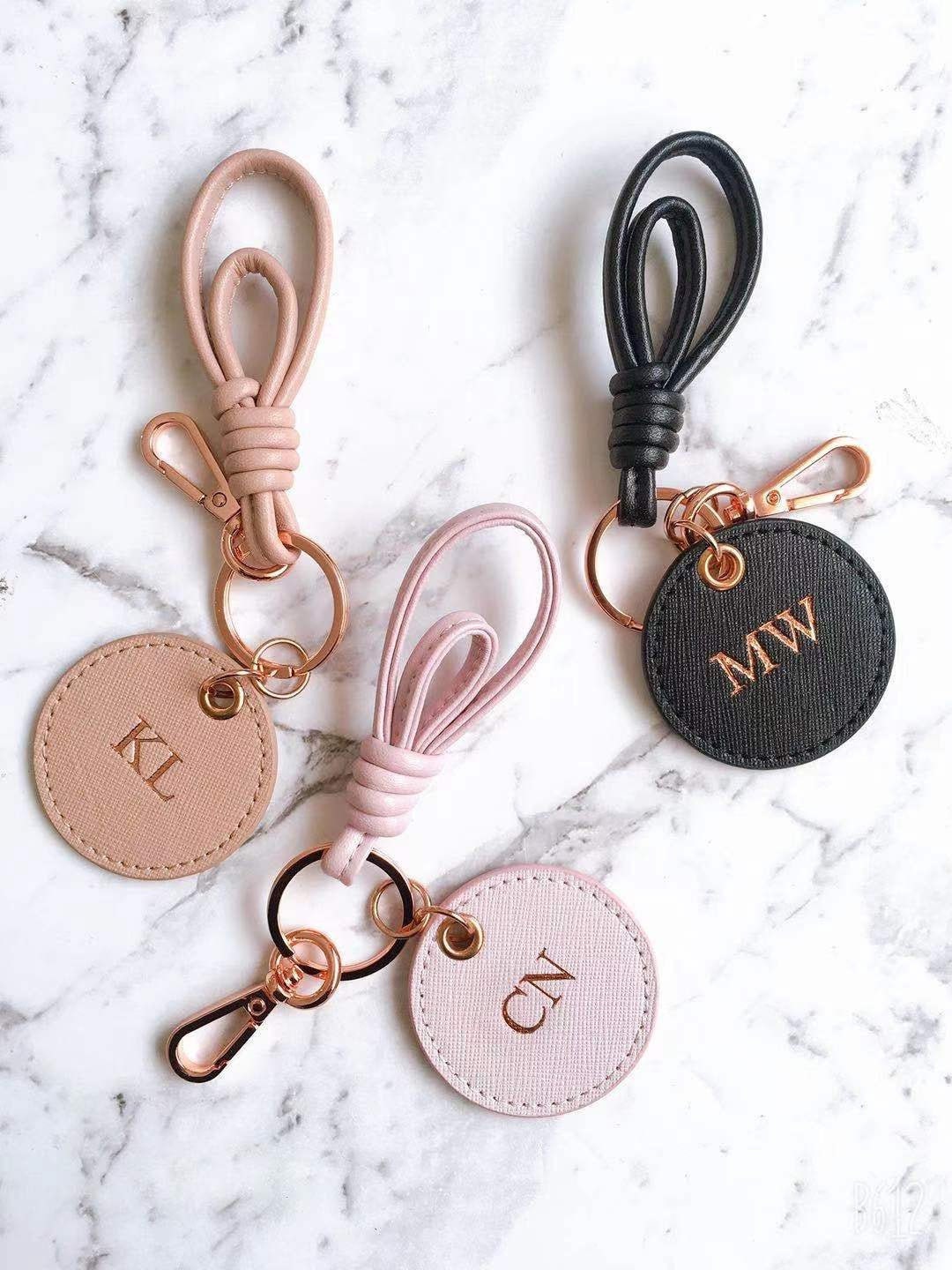 PERSONALISED MONOGRAMMED KEYRING Saffiano Leather Keyrings Key Chain Pink  Black Nude Gift Wedding Favour Car Keyring 