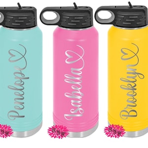 Engraved Water Bottle, Personalized Etched Water Bottle With Straw, 4 SIZES Stainless Steel Water Bottle, Custom Stainless Sports Bottle