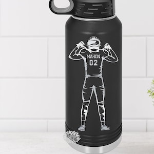 Engraved Football Jersey Water Bottle, Personalized Etched Water Bottle With Straw, 4 SIZES, Stainless Steel Water Bottle, Custom Name & #