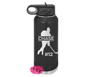 Engraved Water Bottle, Personalized Hockey Water Bottle With Straw, 4  SIZES, Stainless Steel Water Bottle, Custom Stainless Sports Bottle