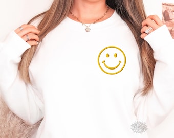 Happy Face Embroidered Sweatshirt, Happy Face Crewneck Sweatshirt, Embroidered Adult Sweatshirt, Smiley Face Sweatshirt Many Colors