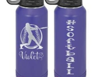 Engraved 2-Sided Water Bottle, Etched Water Bottle With Straw, 4 SIzes, Softball Bottle, Stainless Steel Water Bottle, Custom Sports Bottle