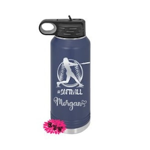 Engraved Water Bottle, Etched Water Bottle With Straw, 4 SIzes, Girls Softball Bottle, Stainless Steel Water Bottle, Custom Sports Bottle