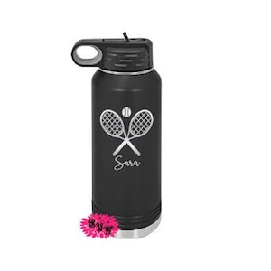 Engraved Tennis Bottle, Personalized Etched Water Bottle With Straw, 4 SIZES Stainless Steel Water Bottle, Custom Stainless Sports Bottle