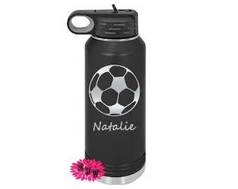 Engraved Water Bottle, Etched Water Bottle With Straw, 4 SIZES, Soccer Bottle, Stainless Steel Water Bottle, Custom Sports Bottle