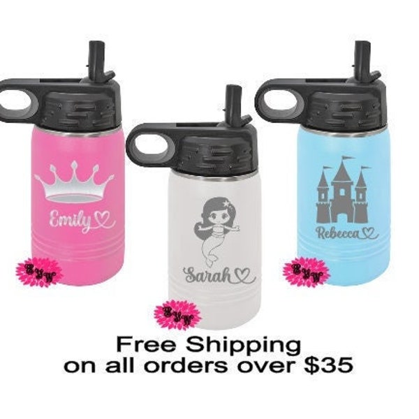 Engraved Stainless Steel Kids Bottle, Personalized Childrens Water Bottle, Etched Kids Tumbler, Etched Princess Water Bottle, Lots Of Colors