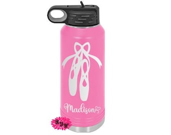 Engraved Water Bottle, Personalized Ballet Etched Water Bottle With Straw, 4 SIZES, Stainless Water Bottle, Custom Stainless Steel Bottle