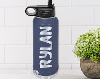 Engraved Water Bottle, Personalized Etched Water Bottle With Straw, 4 SIZES, Stainless Steel Water Bottle, Custom Stainless Sports Bottle
