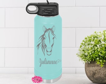 Engraved Bottle, Personalized Horse Etched Water Bottle With Straw, 32oz Stainless Steel Water Bottle, Custom Stainless Steel Sports Bottle