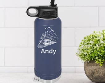 Engraved Bottle, Personalized Steam Train Etched Water Bottle With Straw, 32oz Stainless Steel Water Bottle, Custom Stainless Steel Bottle