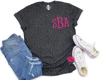 Leopard Tee, Personalized Leopard T-Shirt, Monogrammed Tee, Monogram Crewneck T-Shirt, Monogrammed T-Shirt, Other Tee And Text Colors
