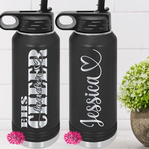 Engraved Water Bottle, 2 Sided Cheer Water Bottle,  Personalized Etched Water Bottle With Straw, 4 SIZES, Stainless Steel Water Bottle
