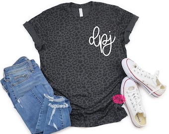 Leopard Tee, Personalized Leopard T-Shirt, Monogrammed Tee, Monogram Crewneck T-Shirt, Monogrammed T-Shirt, Other Tee And Text Colors