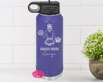 Engraved Water Bottle, Personalized Cheerleader Etched Water Bottle With Straw, 4 SIZES Stainless Steel Water Bottle, Cheerleading Bottle