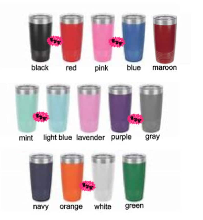 Puede incluir: Doce vasos de acero inoxidable en varios colores, incluyendo negro, rojo, rosa, azul, granate, menta, azul claro, lavanda, morado, gris, azul marino, naranja, blanco y verde.