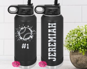Baseball 2-Sided Water Bottle, Engraved Baseball Water Bottle With Straw, 4 Sizes Baseball Stainless Steel Water Bottle, Custom Sport Bottle