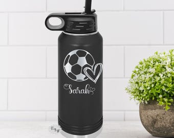 Soccer Water Bottle, Engraved Soccer Water Bottle With Straw, 4 SIZES, Soccer Bottle, Stainless Steel Water Bottle, Custom Sports Bottle