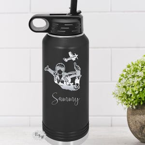 Engraved Water Bottle, Personalized Sky Diver Bottle, Etched Water Bottle With Straw, 4 SIZES Stainless Steel Water Bottle, Sky Diver Bottle