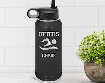 Engraved Water Bottle, Personalized Swim Bottle, Etched Water Bottle With Straw, 4 SIZES, Stainless Steel Water Bottle, Swimming Bottle