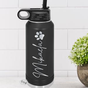 Engraved Water Bottle, Dog Paw Personalized Etched Water Bottle With Straw, 4 SIZES, Stainless Water Bottle, Stainless Steel Sport Bottle
