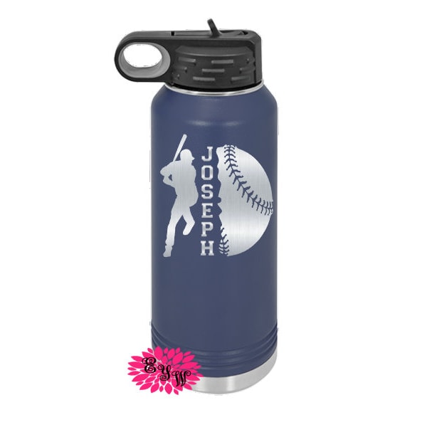 Baseball Water Bottle, Engraved Water Bottle With Straw, 4 SIZES, Baseball Bottle, Stainless Steel Water Bottle, Custom Sports Bottle