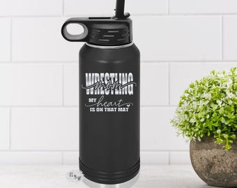 Wrestling Mom Bottle, Engraved Bottle, Etched Water Bottle With Straw, 4 SIZES, Stainless Steel Water Bottle, Stainless Steel Sports Bottle