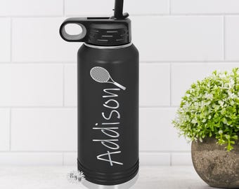 Engraved Tennis Bottle, Personalized Etched Water Bottle With Straw, 4 SIZES Stainless Steel Water Bottle, Custom Stainless Sports Bottle