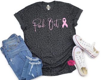 Leopard Tee With Pink Out, Breast Cancer Leopard T-Shirt, Leopard Cancer Ribbon Tee, Breast Cancer Awareness Leopard T-Shirt, T-Shirt