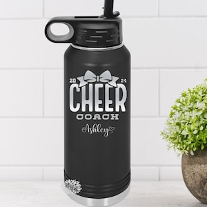 Engraved Water Bottle, Personalized Cheer Coach Bottle, Etched Water Bottle With Straw, 4 SIZES, 17 Colors, Stainless Steel Water Bottle