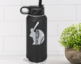 Engraved Water Bottle, Etched Water Bottle With Straw, 4 SIZES, Baseball Bottle, Stainless Steel Water Bottle, Custom Sports Bottle