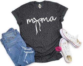 Leopard Mama Tee, Mama Bow T-Shirt, Mama Coquette Bow Tee, Leopard Mama Shirt, Leopard Mama Bow Tee Shirt, More Leopard Colors & Text Colors