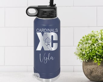 Engraved Water Bottle, Personalized Etched Cross Country Water Bottle With Straw, 4 SIZES, Stainless Steel Bottle, Stainless Sport Bottle