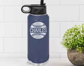 Baseball Water Bottle, Engraved Water Bottle With Straw, 4 SIZES, Baseball Bottle, Stainless Steel Water Bottle, Custom Sports Bottle