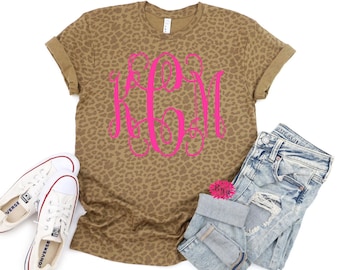 Leopard Tee, Personalized Leopard T-Shirt, Monogrammed Tee, Monogram Crewneck T-Shirt, Monogrammed T-Shirt, Other Tee And Text Colors