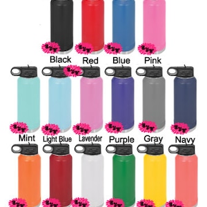 May include: A set of 18 stainless steel water bottles in various colors, including black, red, blue, pink, mint, light blue, lavender, purple, gray, navy, orange, maroon, white, green, yellow, and coral.