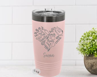 Engraved Tumbler, Personalized Bakers Cup, Baking Etched Tumbler, Cake Baker Etched Coffee Tumbler Sliding Lid Option, Lots Of Colors