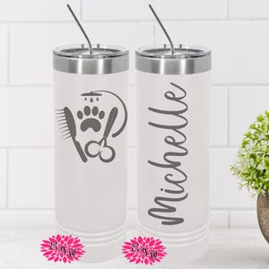 Dog Groomer Engraved Tumbler, Personalized Dog Grooming Tumbler, Dog Grooming Gift, Dog Stylist Tumbler, Etched Skinny Steel Tumbler