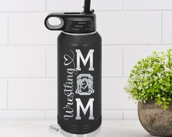 Wrestling Mom Bottle, Engraved Bottle, Etched Water Bottle With Straw, 4 SIZES, Stainless Steel Water Bottle, Stainless Steel Sports Bottle