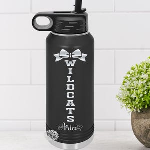 Engraved Water Bottle, Personalized Cheer Mascot Bottle, Etched Water Bottle With Straw, 4 SIZES, 17 Colors, Stainless Steel Water Bottle
