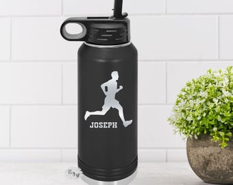 Engraved Water Bottle, Personalized Etched Runner Water Bottle With Straw, 4 SIZES Stainless Steel Bottle, Stainless Sport Bottle