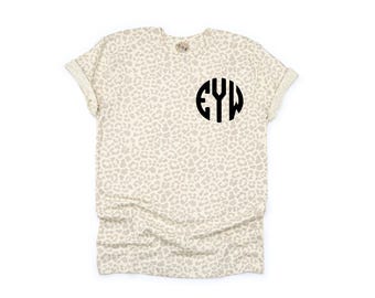 Leopard Tee, Personalized Leopard T-Shirt, Monogrammed Tee, Monogram Crewneck T-Shirt, Monogrammed T-Shirt, Other Tee And Text Colors