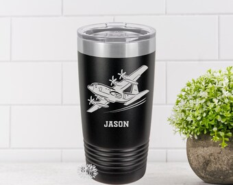 Engraved Tumbler, Aircraft Tumbler, Personalized Military Coffee Cup, Stainless Steel Coffee Tumbler, Slider Lid Coffee Cup