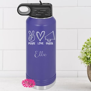 Cheerleader Bottle, Engraved Water Bottle, Peace Love Cheer Gifts, Personalized Cheer Bottle, Cheerleader Water Bottle, 4 Sizes, 17 Colors